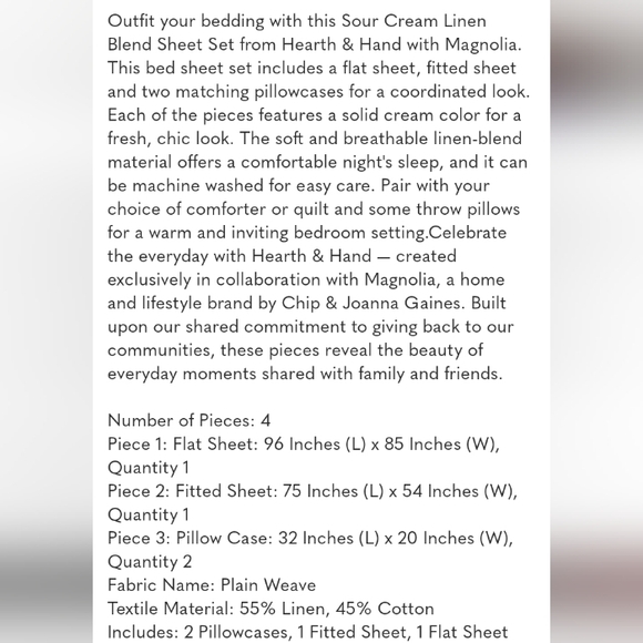 Hearth & Hand Sour Cream Linen Cotton Blend Sheet Set FULL SIZE - Picture 11 of 11